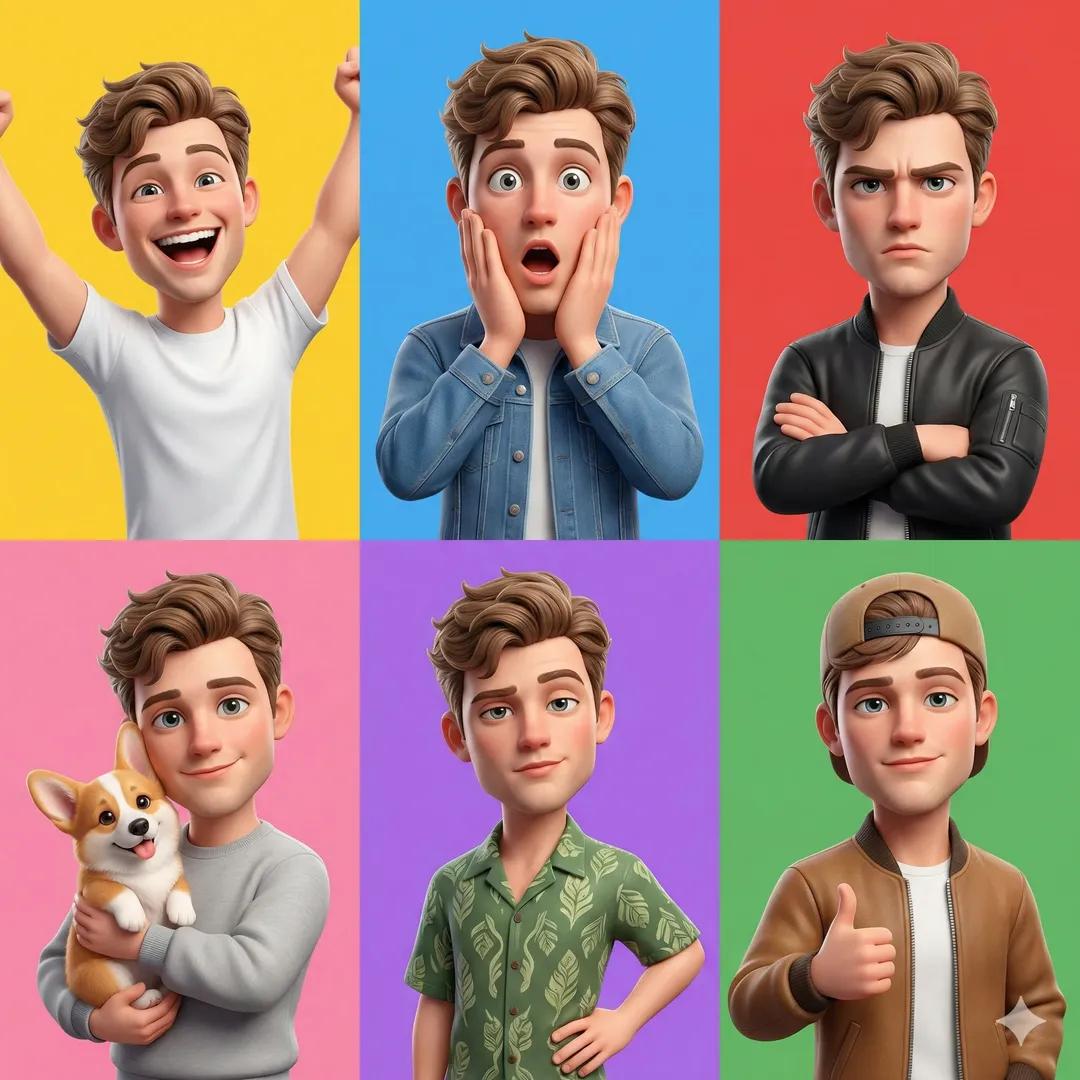 3d pixar character grid with 6 expressions