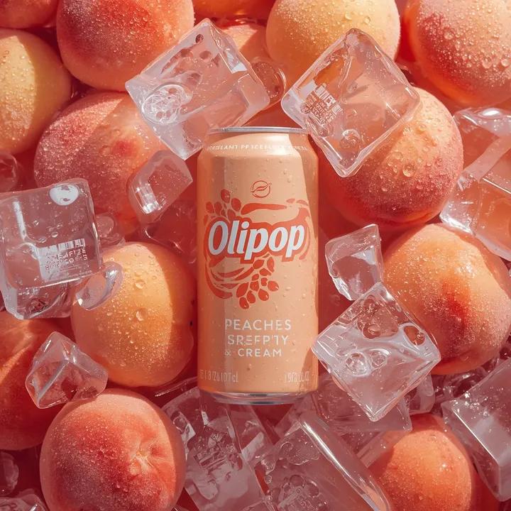 Peach Soda Can in Fresh Peaches and Ice