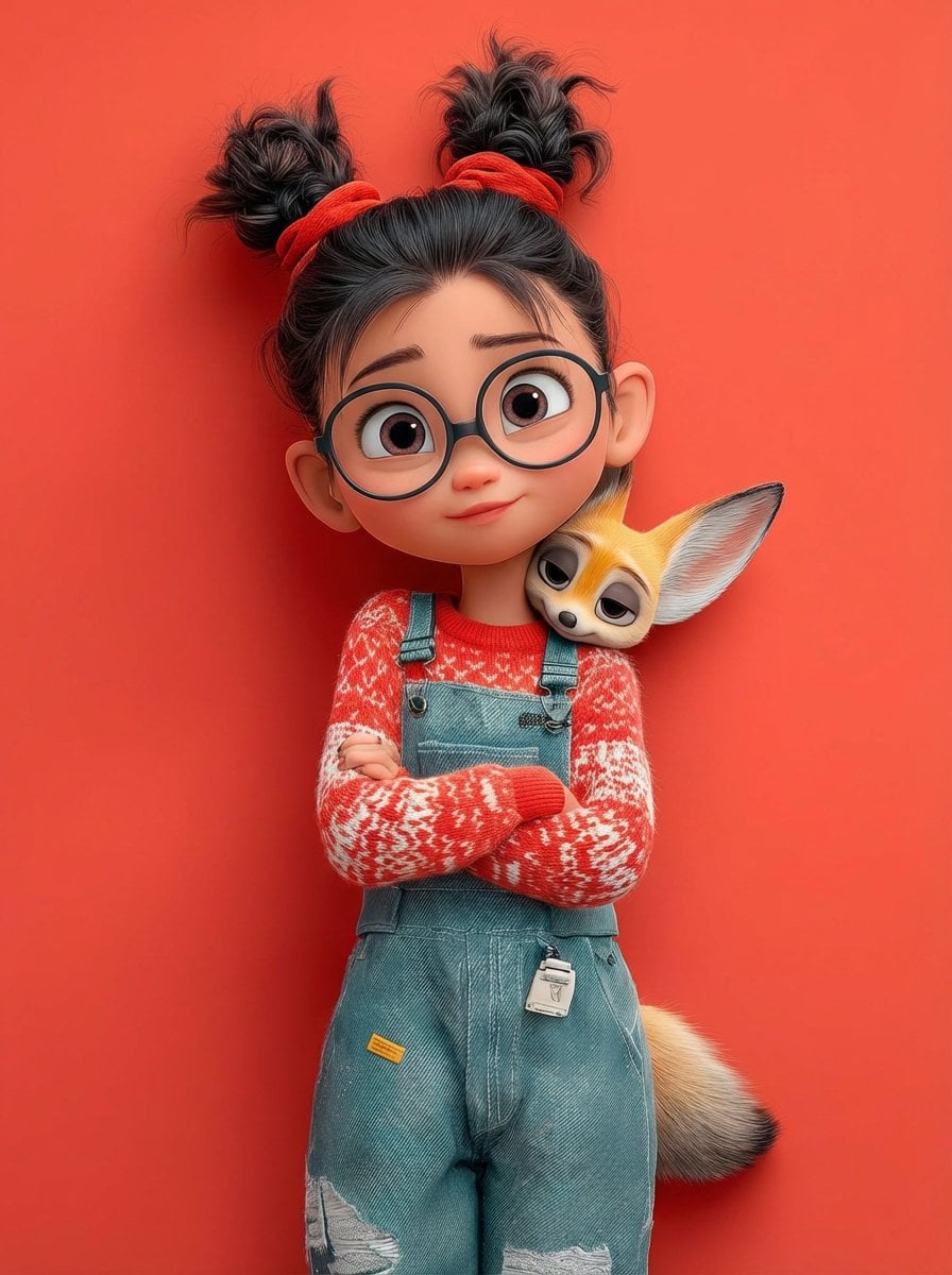 Cute Pixar Girl Portrait with Fennec Fox