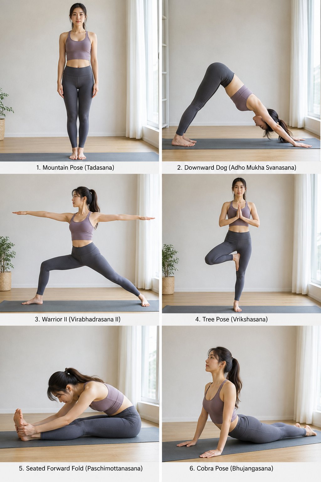 Japon Model ile Altı Yoga Pozu Izgarası Doğal Işıkta