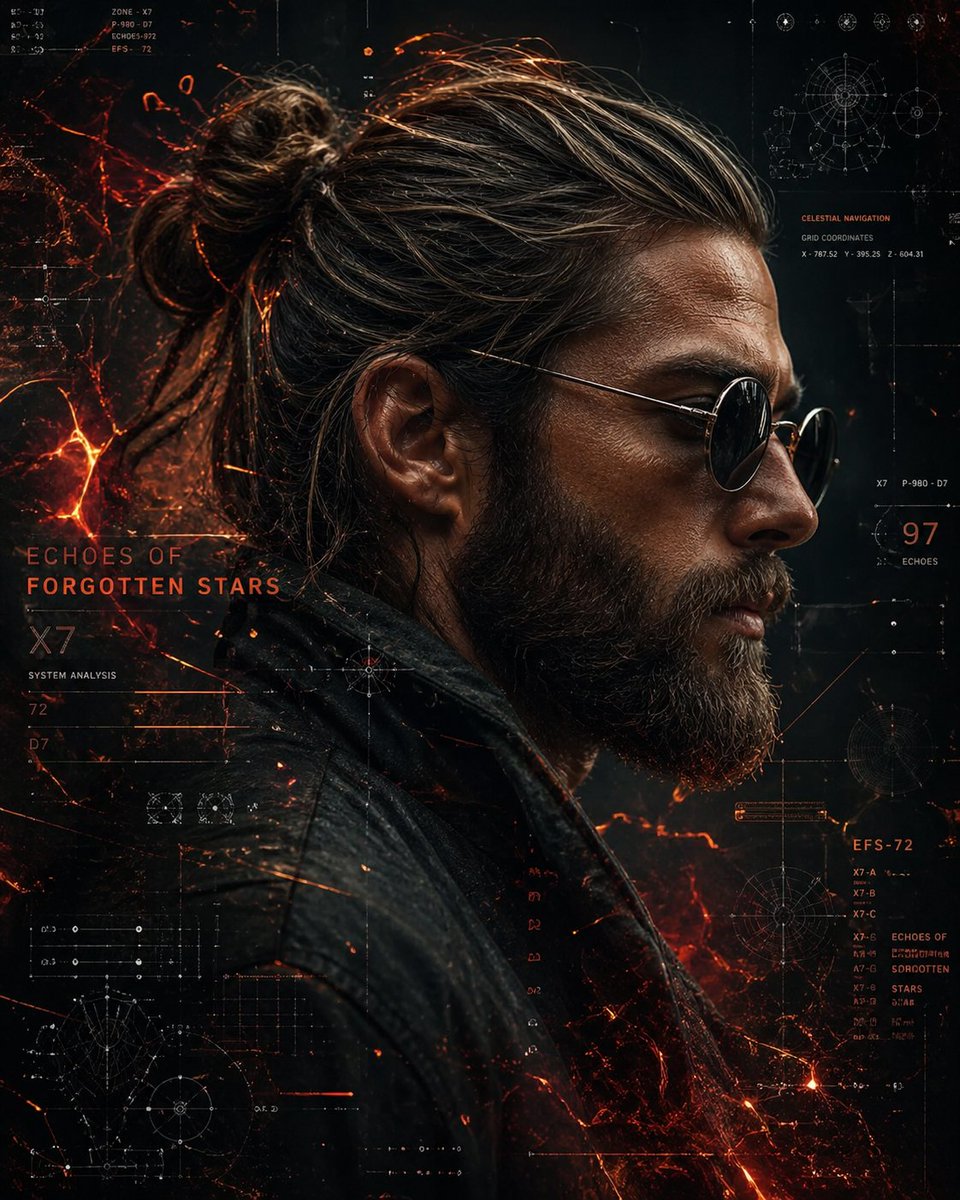 Portrait cyberpunk cinématographique d'un homme robuste avec lunettes et barbe