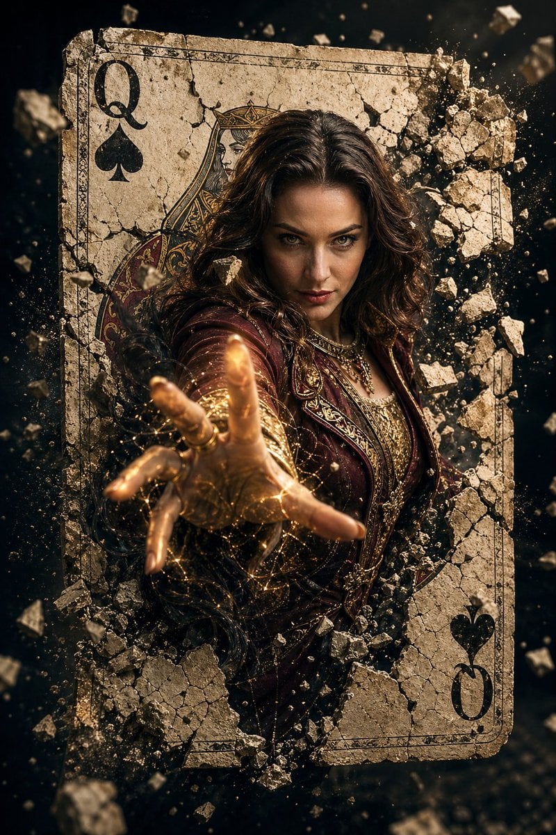 Hechicera Femenina Hiperrealista Irrumpiendo en Carta de Reina de Picas