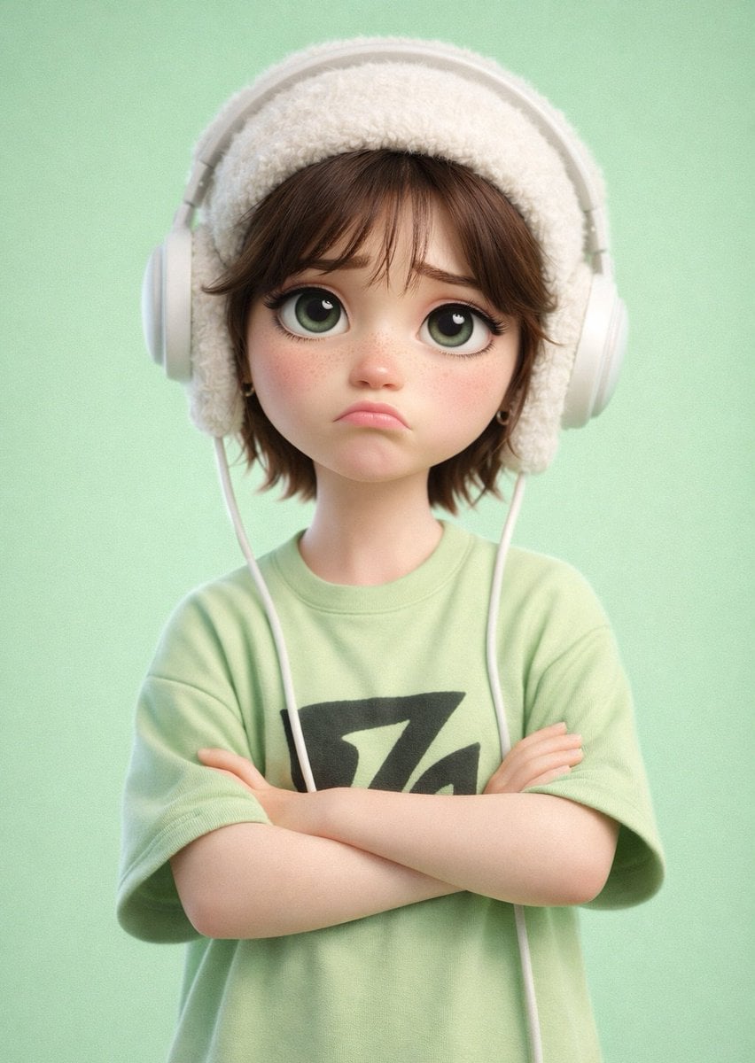 Postać Cartoon 3D Pixar Nadąsany Wyraz Twarzy Czapka Słuchawki