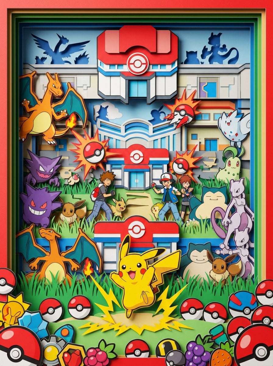 Hyper-Vibrant Pokemon Layered Paper Cutout Diorama
