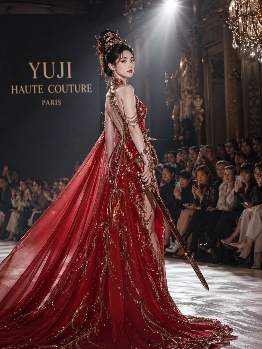Yu Ji in Red Haute Couture Gown with Sword at Paris Fashion Show