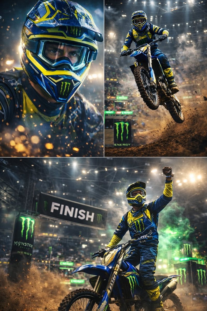 Dynamic Motocross Racing Stunts in Indoor Stadium