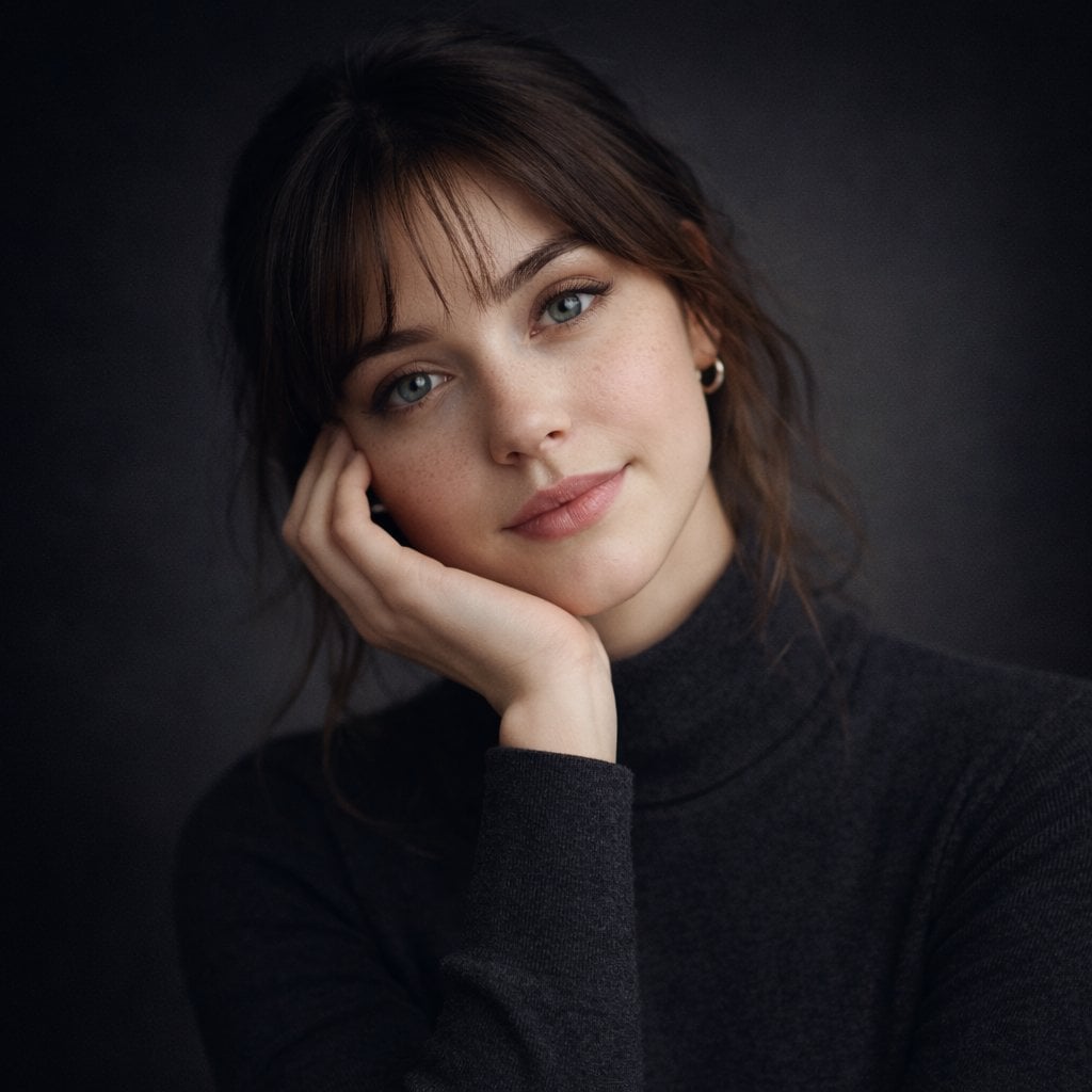 Ultra Realistic Studio Portrait of Young Woman with Light Gray Blue Eyes