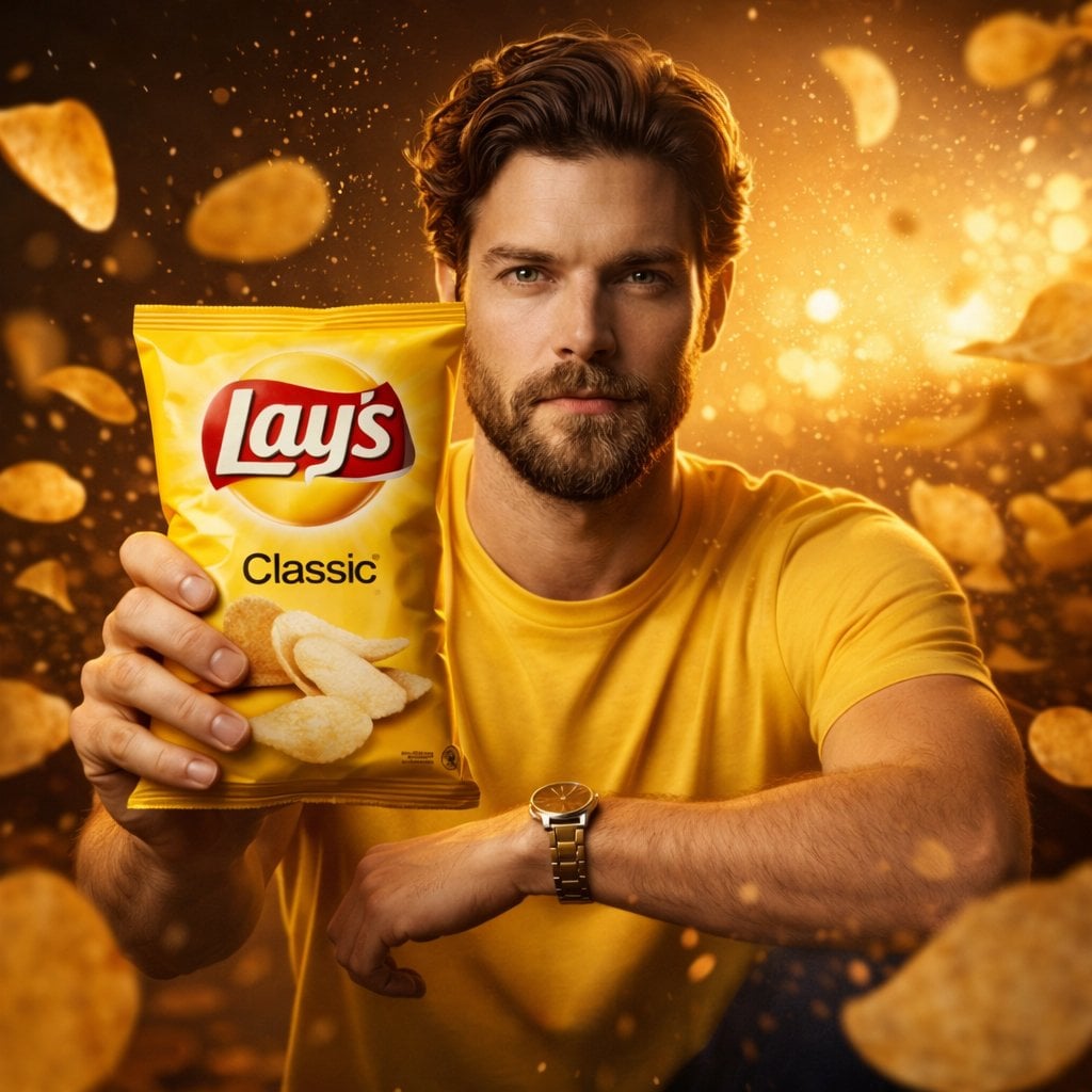 Hombre sosteniendo paquete de chips Lay's en toma publicitaria ultra realista