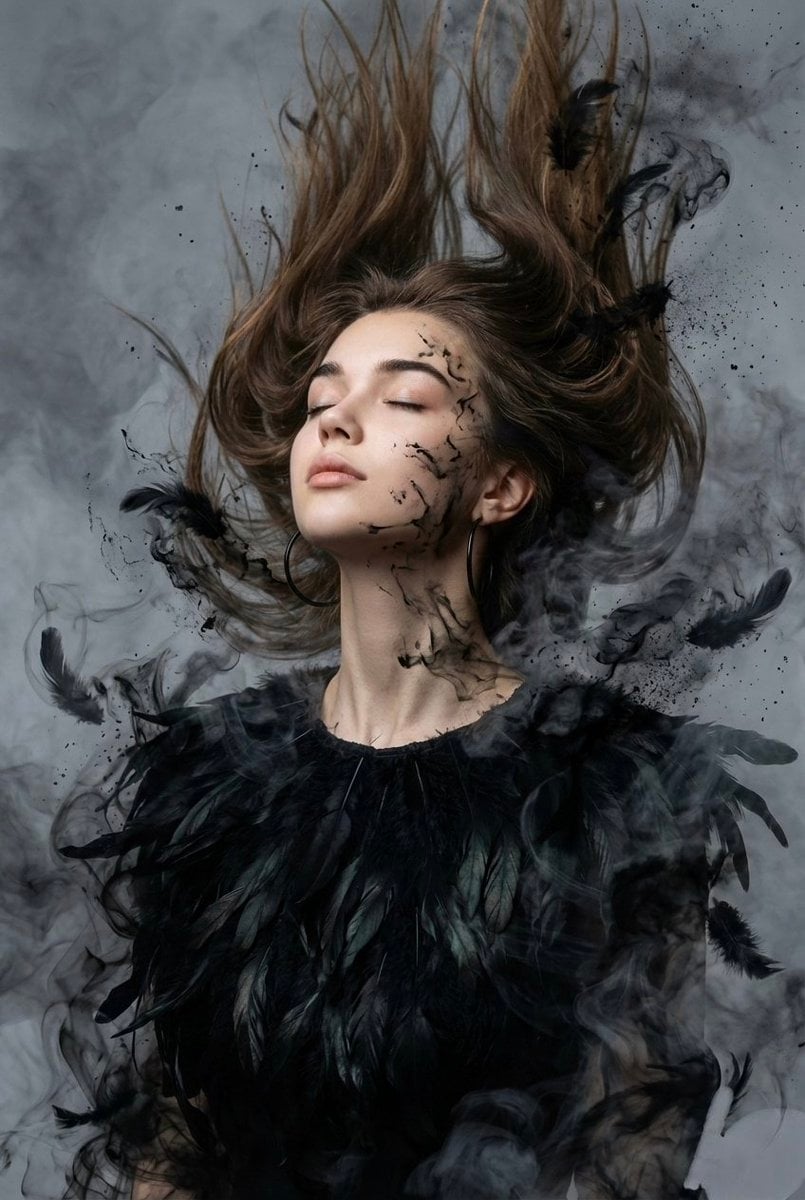Surrealistyczny portret z piórami kruka, atramentem i dymem
