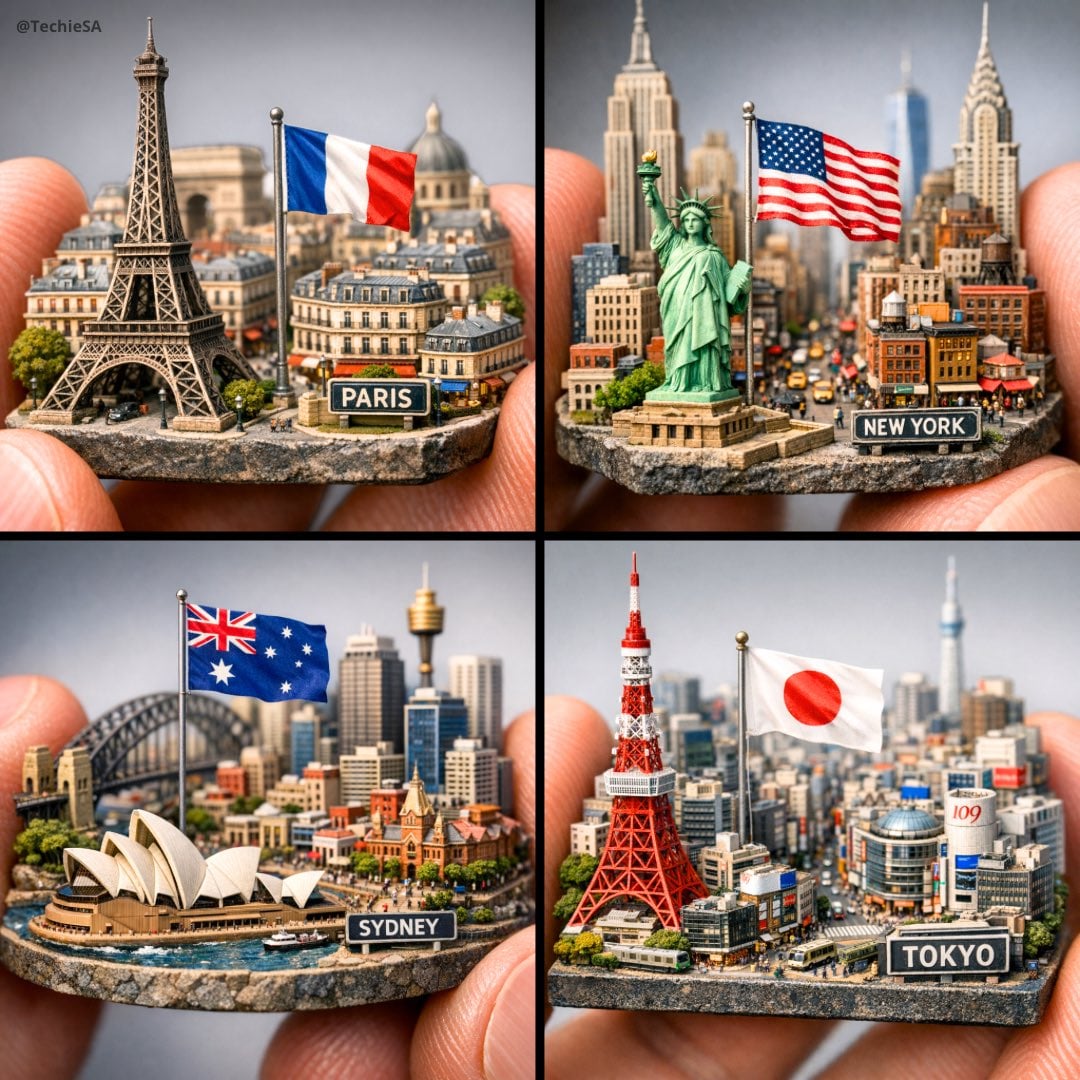 Miniature Paris Diorama with Eiffel Tower Held Between Fingers