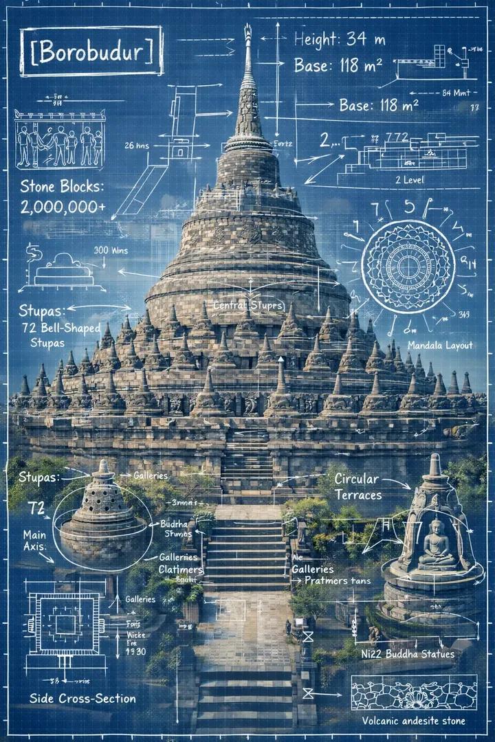 Landmark Blueprint Infographic with Technical Annotations