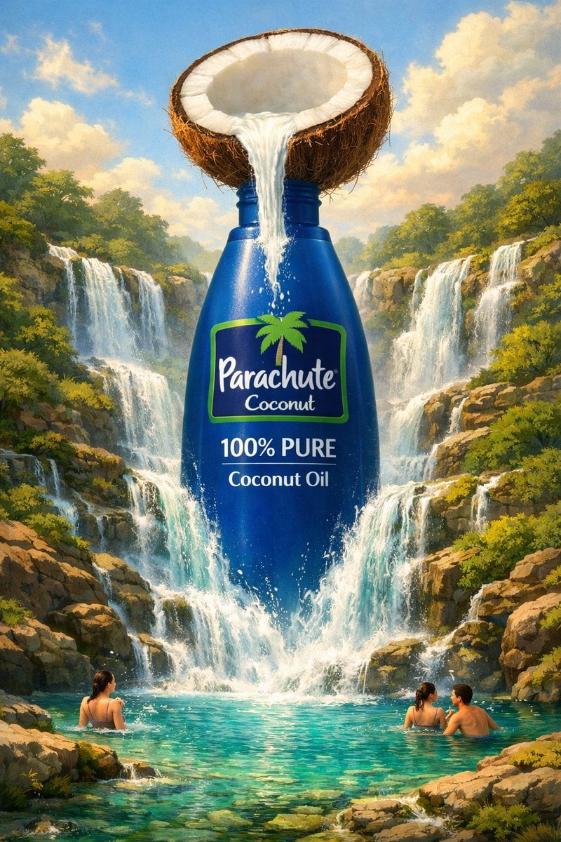 Ilustración surrealista botella aceite paisaje natural
