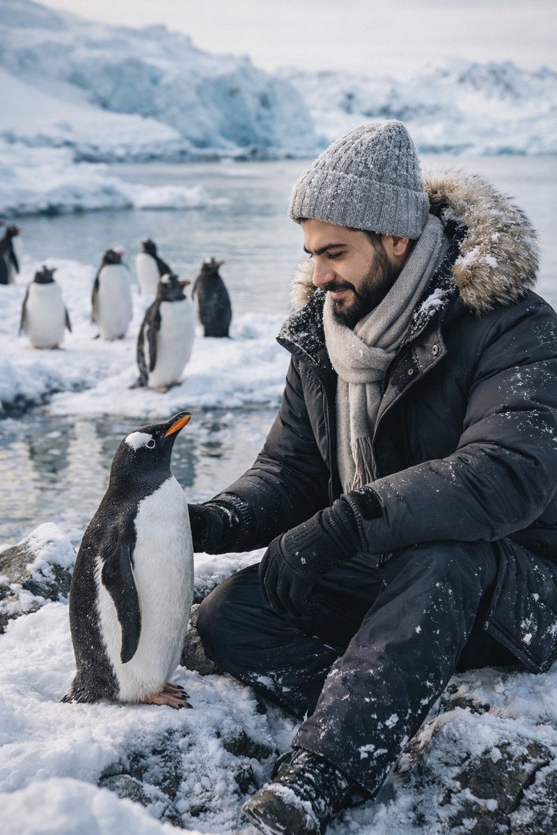 Ultra Realistischer Junger Mann mit Pinguinen in Eisiger Umgebung