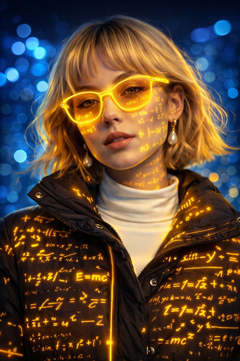 Portrait Cyber Futuriste Lunettes Néon Jaunes Équations Mathématiques