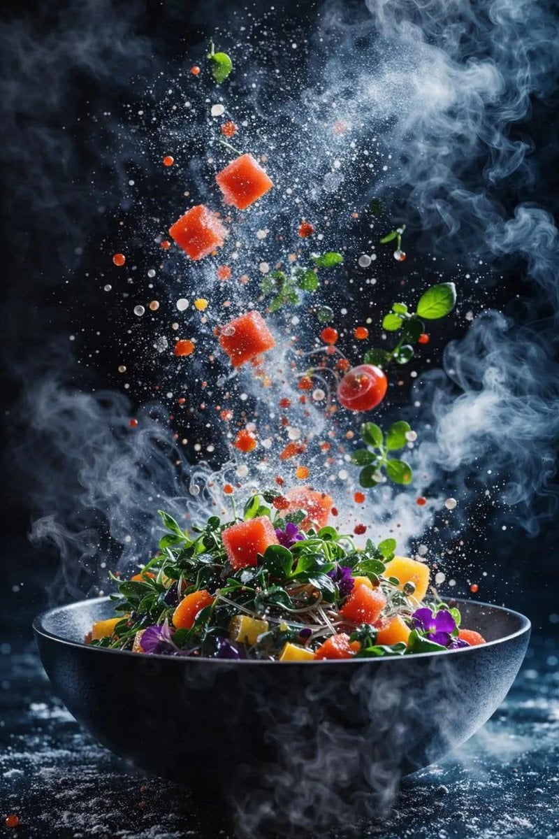 Explosión de Ensalada Dinámica Fotografía Gastronómica Hiperrealista