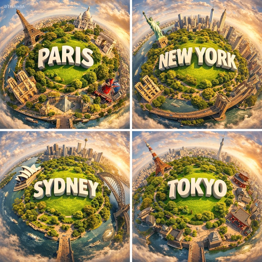 [CITY]の超現実的ミニチュア惑星と有名ランドマーク