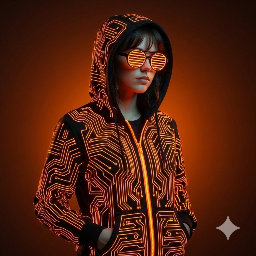 Ultra Gerçekçi Cyberpunk Neon Turuncu Hoodie Portresi
