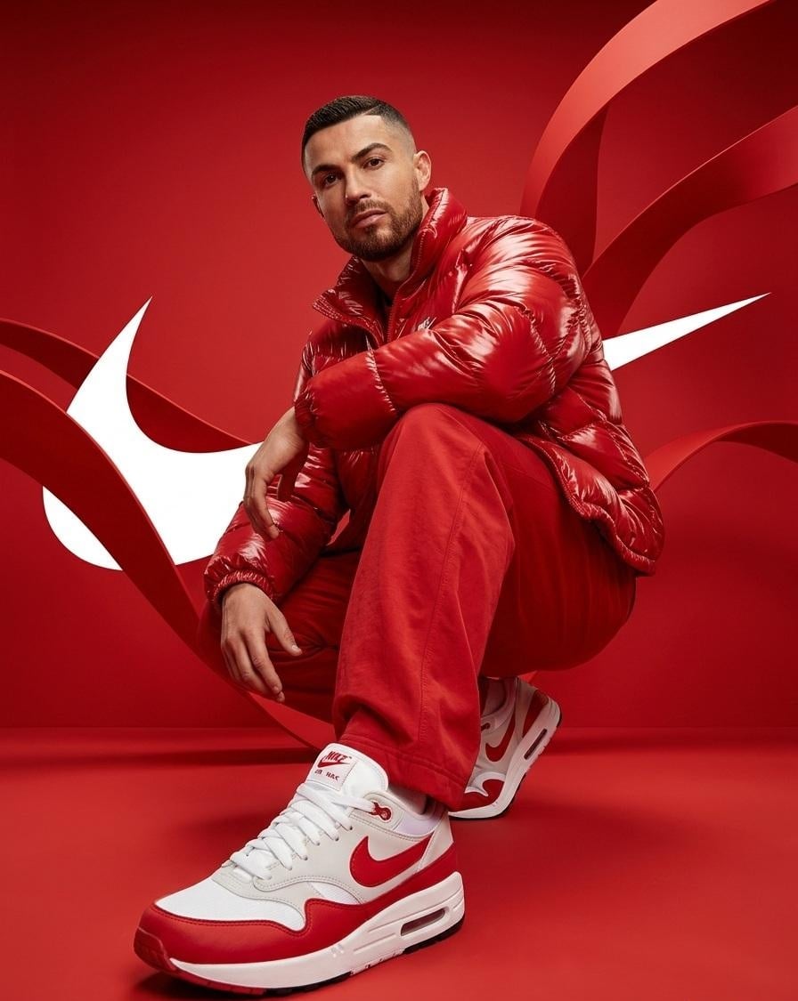 Hyperrealistische Low-Angle Nike Streetwear Kampagne in Rot
