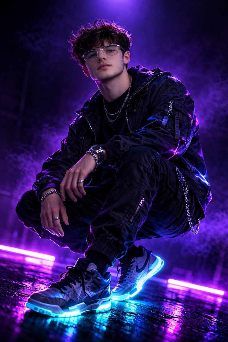 Cyberpunk Sokak Modası Holografik Erkek Model Neon Mor Moda Fotoğrafçılığı