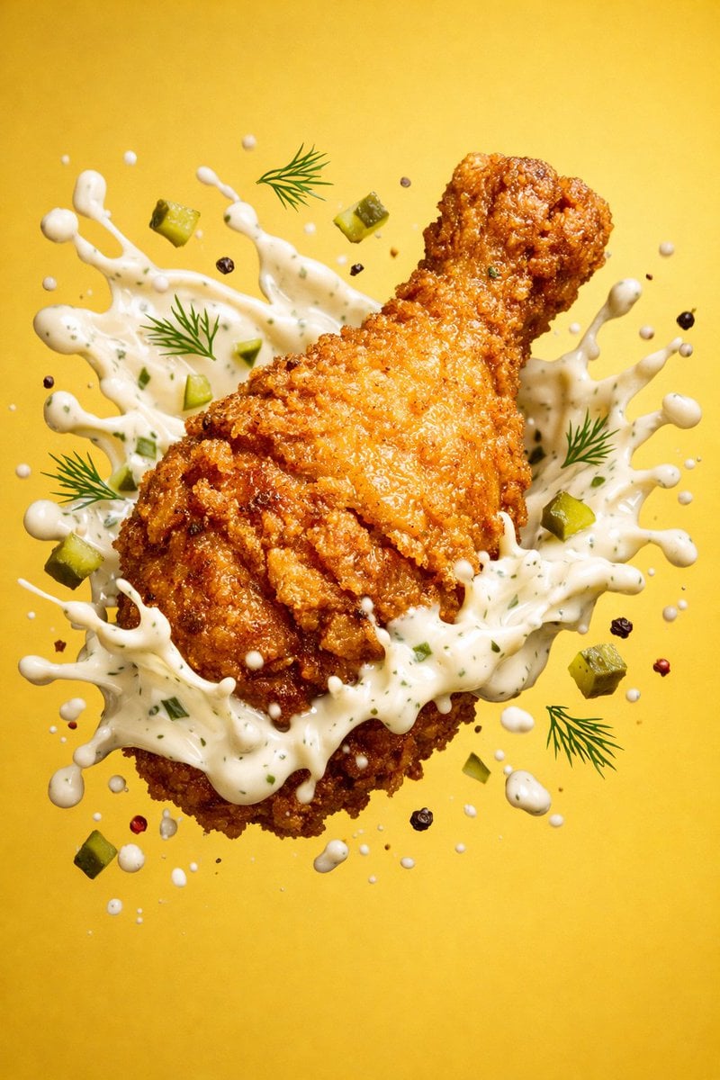 장대한 바삭 프라이드 치킨 다리 판타지 시네마 장면