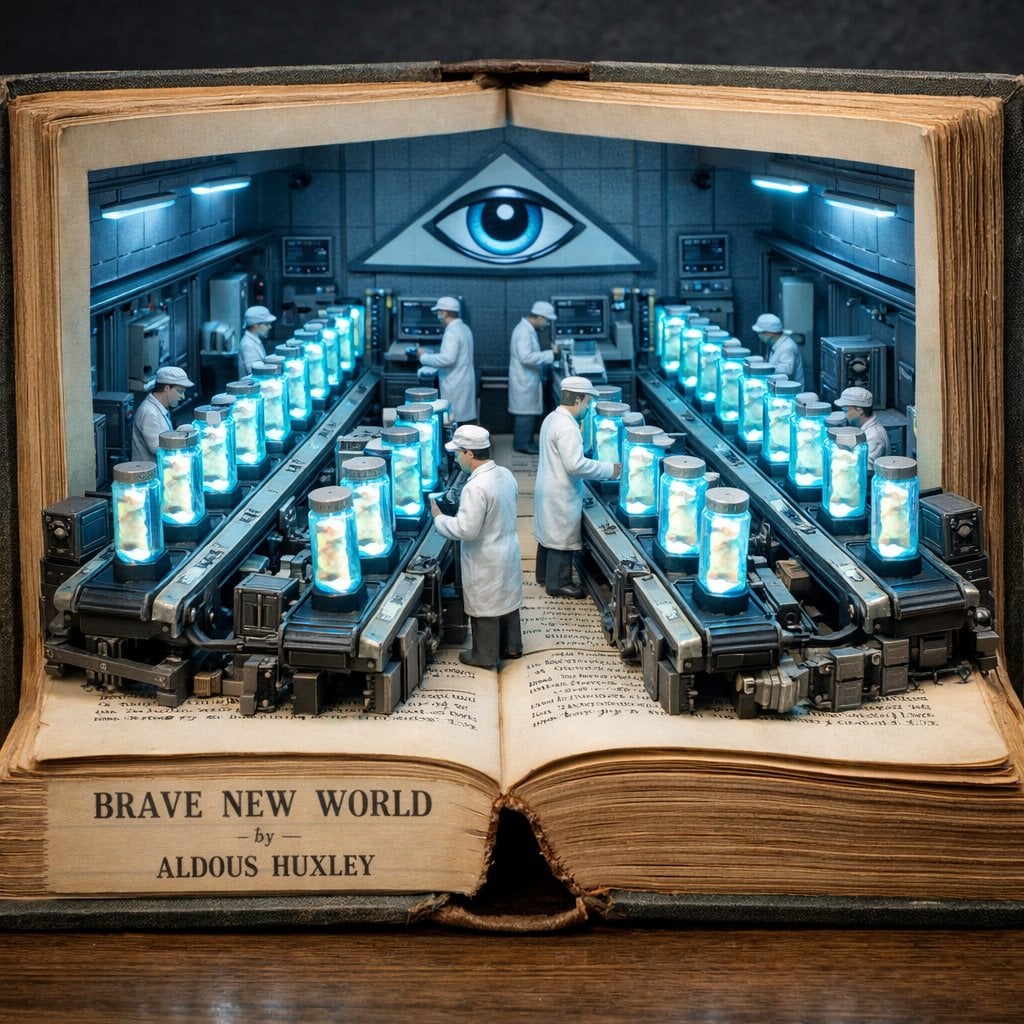 Surreales Brave-New-World-Schlüpflabor-Diorama aus Vintage-Buch