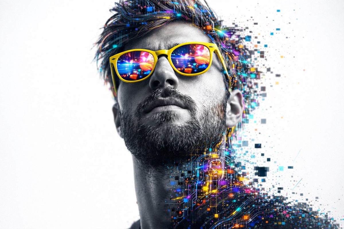 Hyperrealistisches 8K Cyber Glitch Portrait mit Gelber Sonnenbrille
