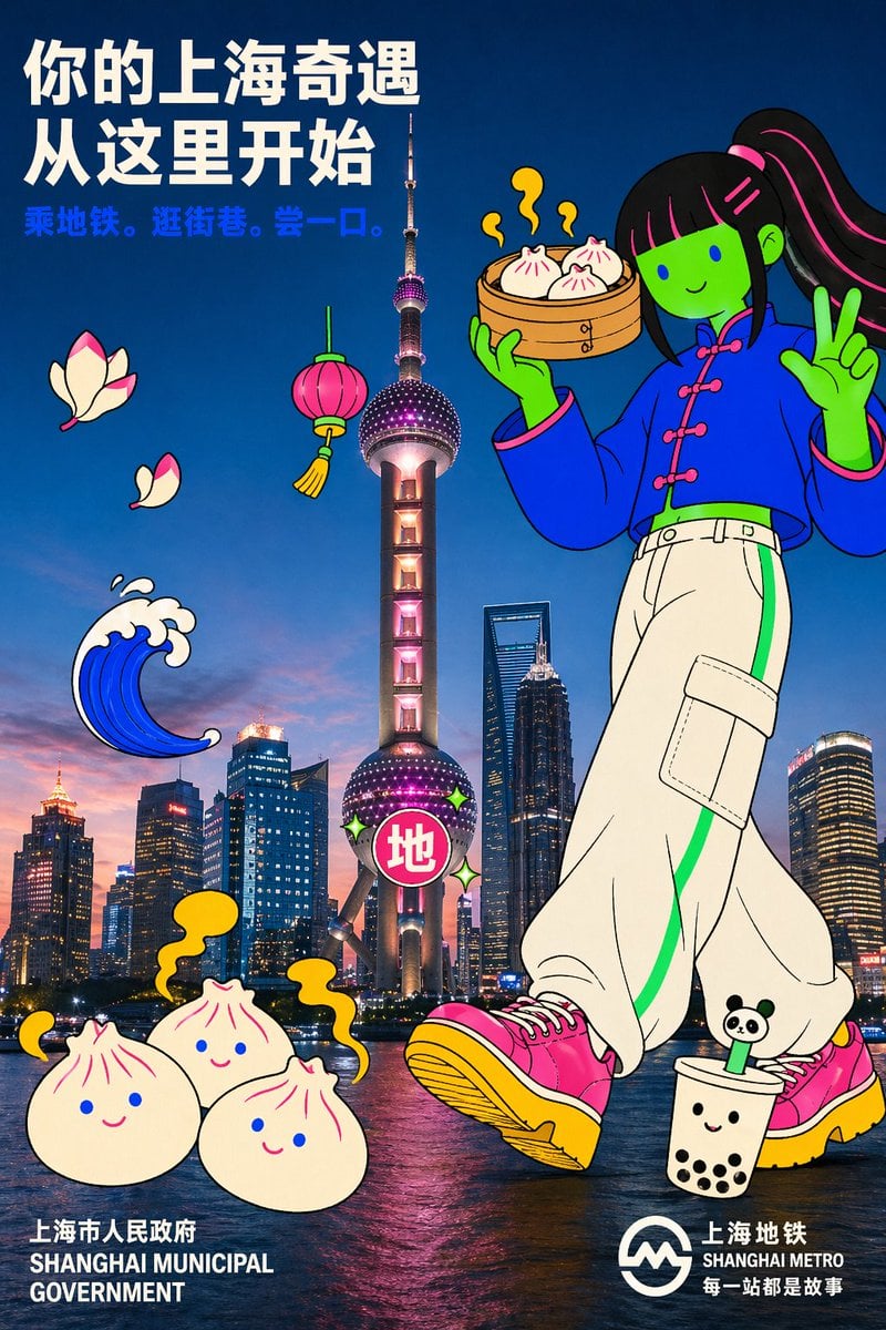 Affiche Campagne Tour Perle de l'Orient Shanghai Doodle Vert Néon Xiaolongbao