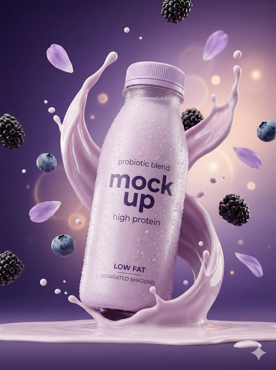 Botella de Smoothie de Yogur Lavanda Hiperrealista con Salpicadura de Bayas