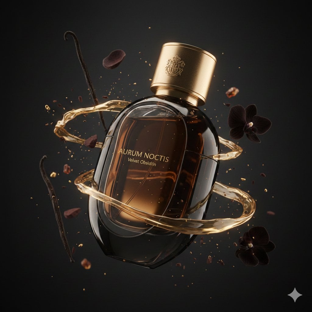 Botella de Perfume de Lujo AURUM NOCTIS Velvet Obsidian en Fotografía Cinematográfica