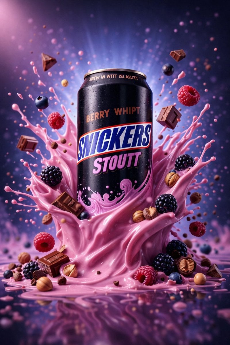超现实Snickers Stoutt Berry Whipt黑罐粉色奶油飞溅