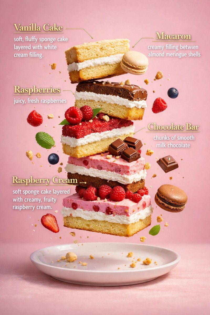 Hyper-Realistic Floating Cake Slices with Golden Infographic Overlays