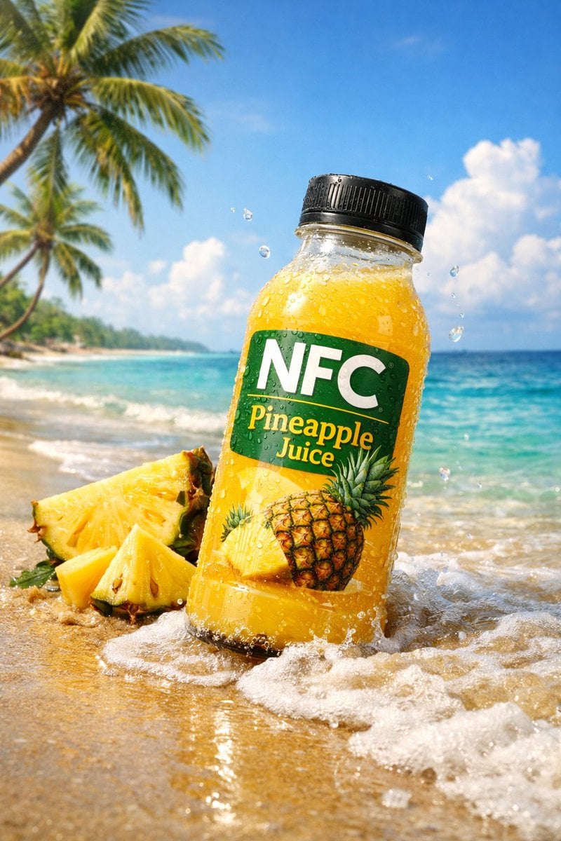 Photorealistic NFC Pineapple Juice Bottle on Tropical Beach