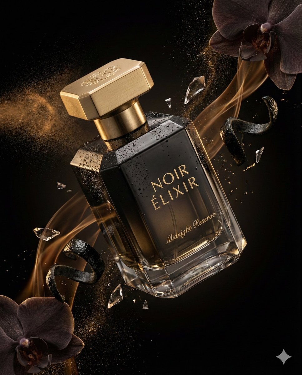 בקבוק בושם NOIR ÉLIXIR Midnight Reserve בצילום קולנועי