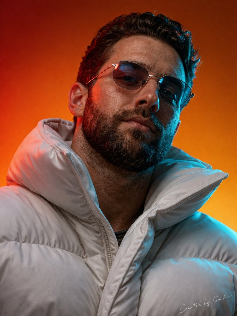 Ultra Photorealistisches Kinematografisches Porträt Midjourney: Zukunftsweisende Weiße Pufferjacke Porträt Foto