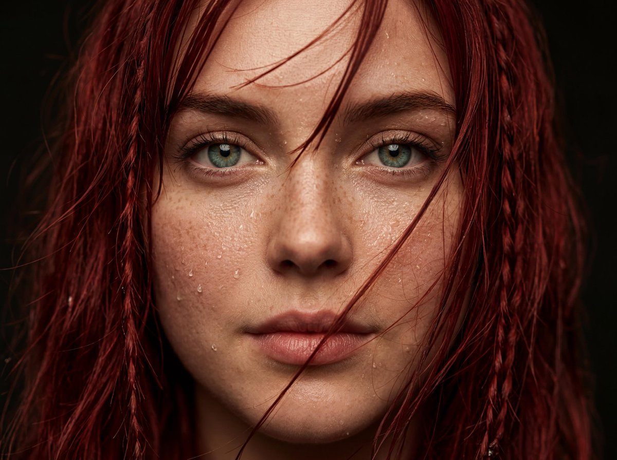 Filmische Porträtfotografie: Rothaarige Frau mit Wassertropfen