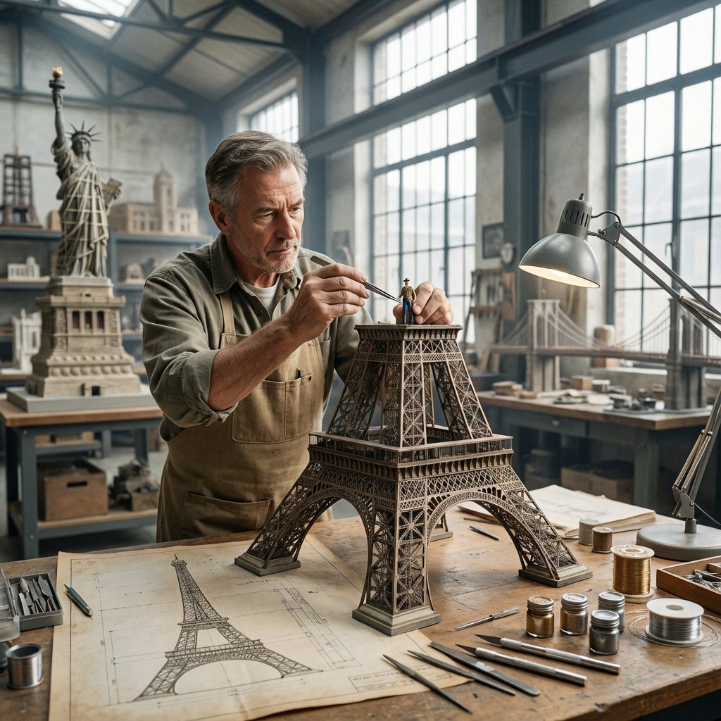 Hyperrealistisches Porträt eines Meistermodellbauers mit Eiffelturm-Modell