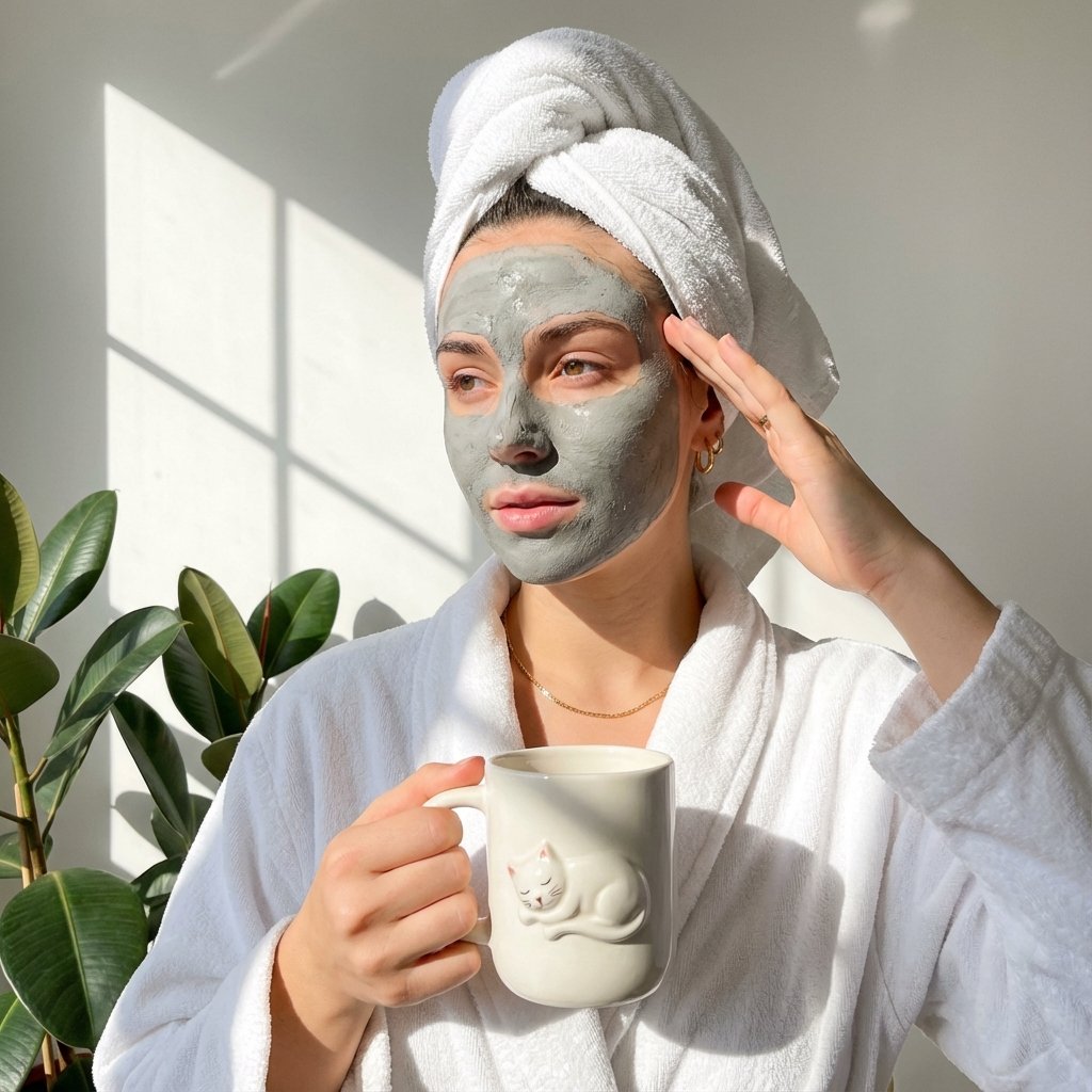 Home Spa Selbstpflege-Routine mit grauer Gesichtsmaske