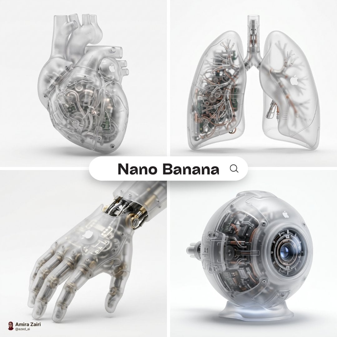 超現實3D生物機械器官渲染，磨砂聚碳酸酯材質帶Apple標誌