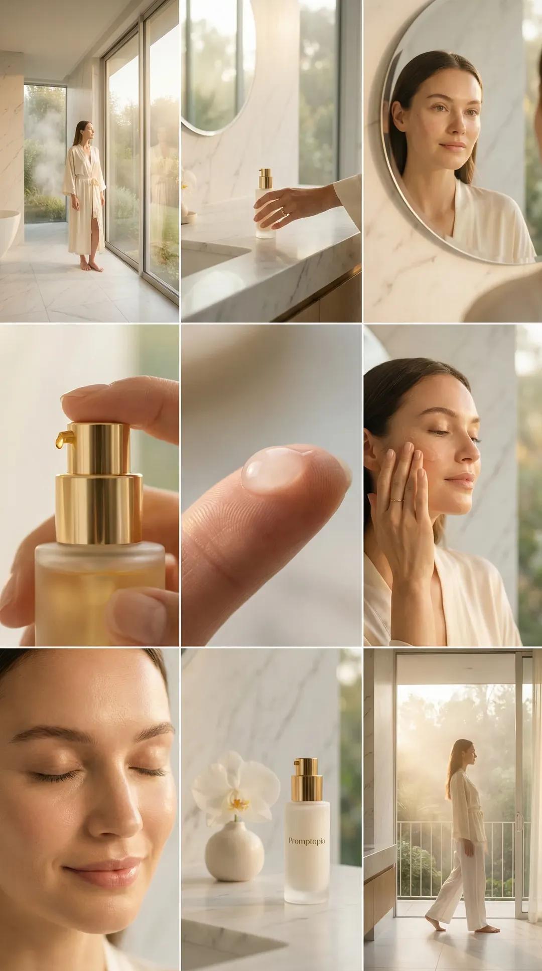 Luxus-Hautpflege-Routine | Serum-Auftrag im modernen Badezimmer