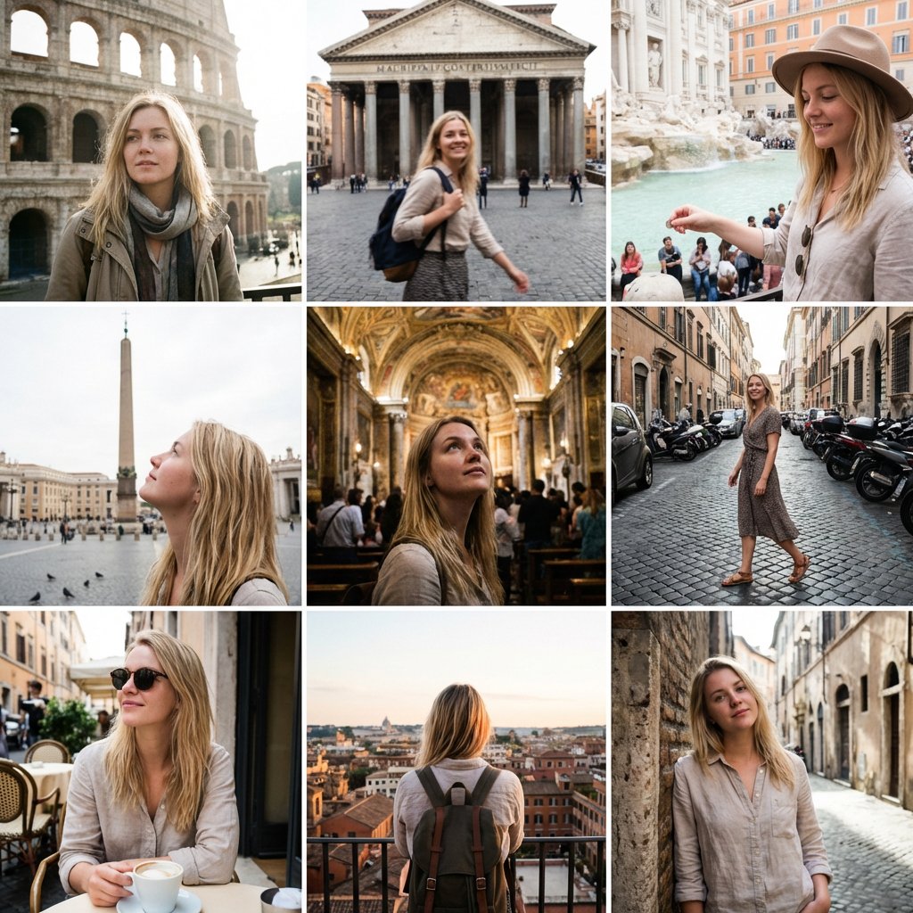 Mujer rubia viaja a Roma: cuadrícula de Instagram 3x3