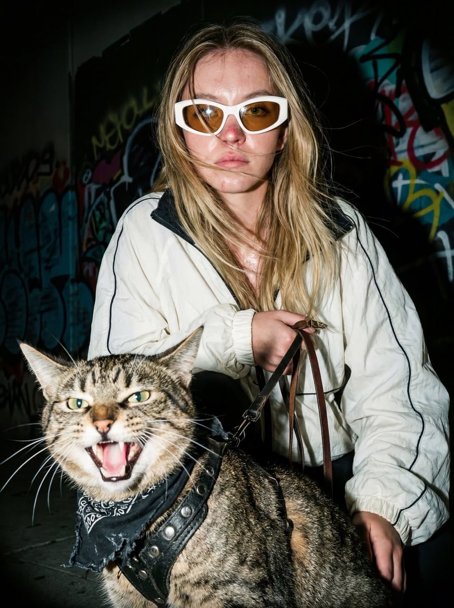 Street-Style-Katzenporträt: Frau mit getigerter Katze an der Leine bei Nacht