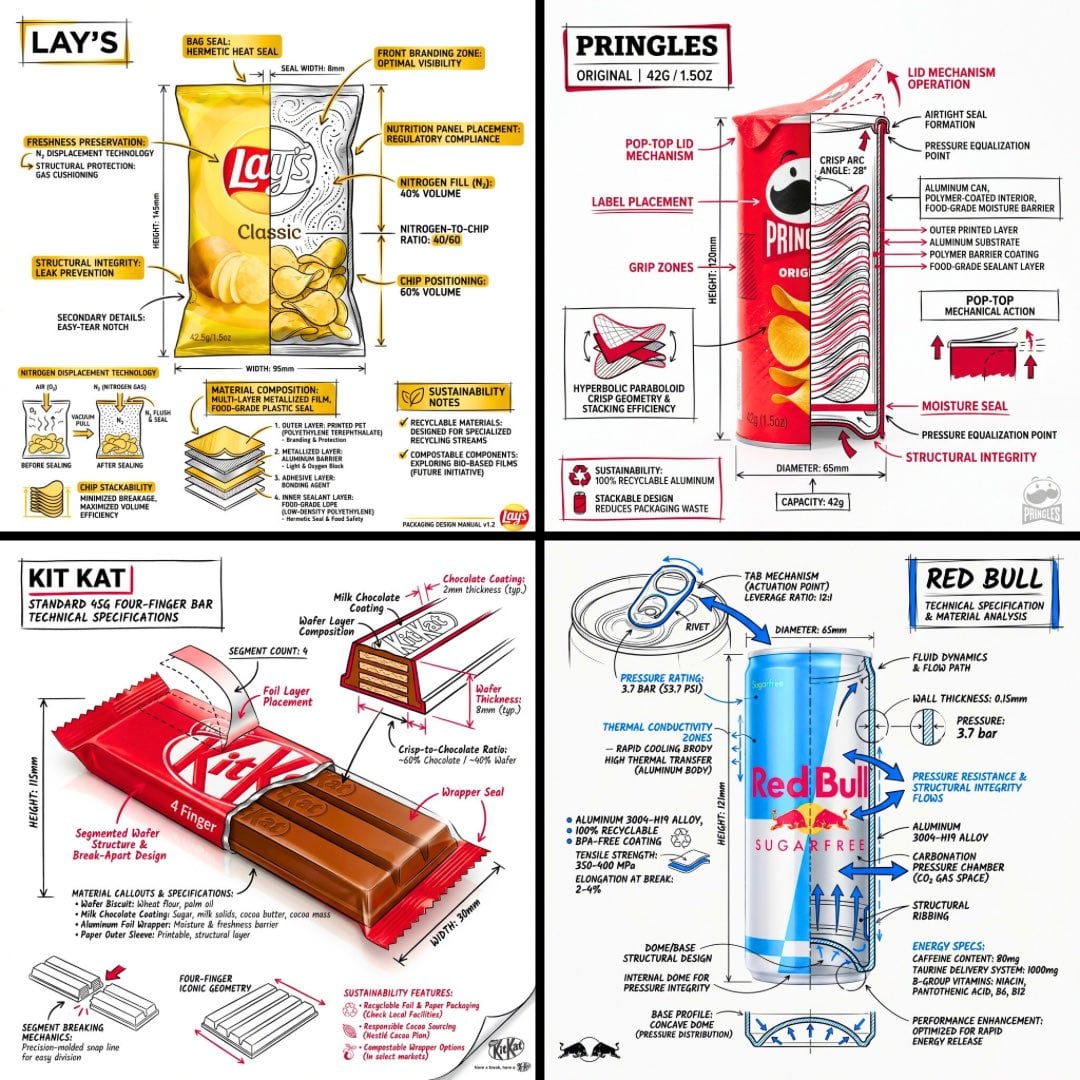 Technische Infografik eines Snacks: Detaillierte Produktaufschlüsselung