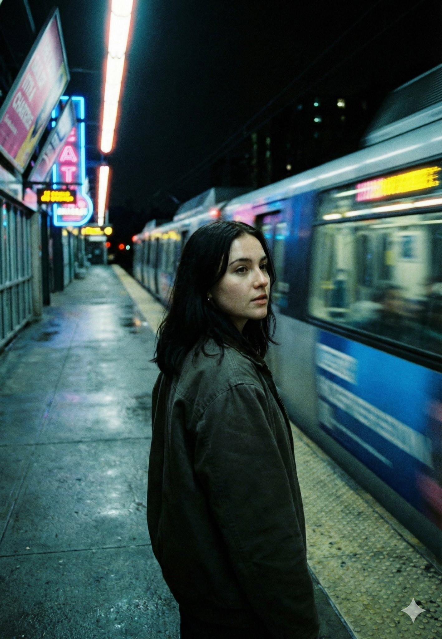 Cinematic Subway Portrait: Night Metro Platform with Train Motion