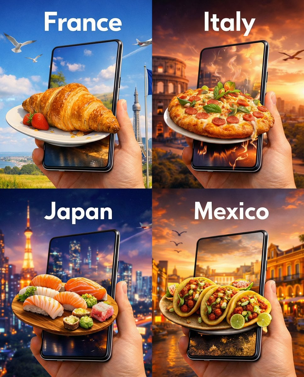 Hyper-Realistic Tourism Ad Collage with 3D Food Portal Effect