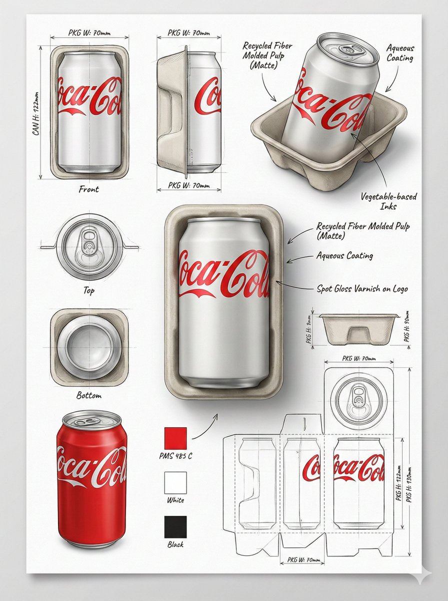 Industrial Packaging Design Illustration Sheet | 3D Render & Technical Views