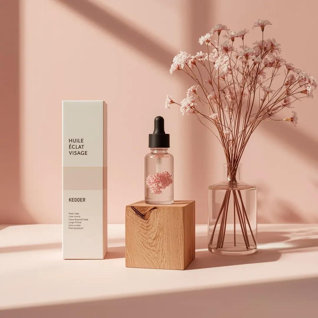 Minimalist Skincare Product Photography with Pink Serum and Wooden Cube