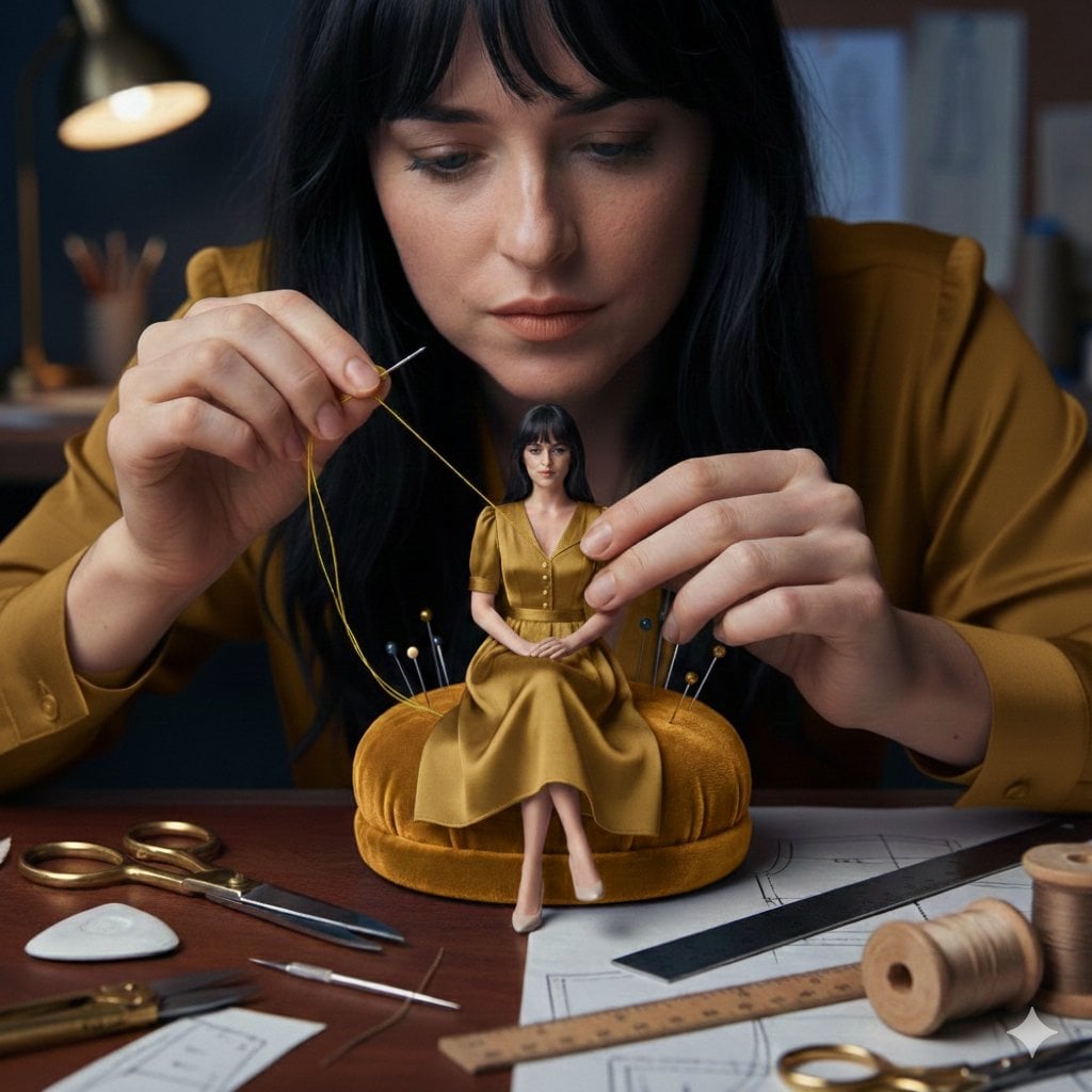 Cinematic Miniature Tailoring: Woman Sewing Tiny Dress